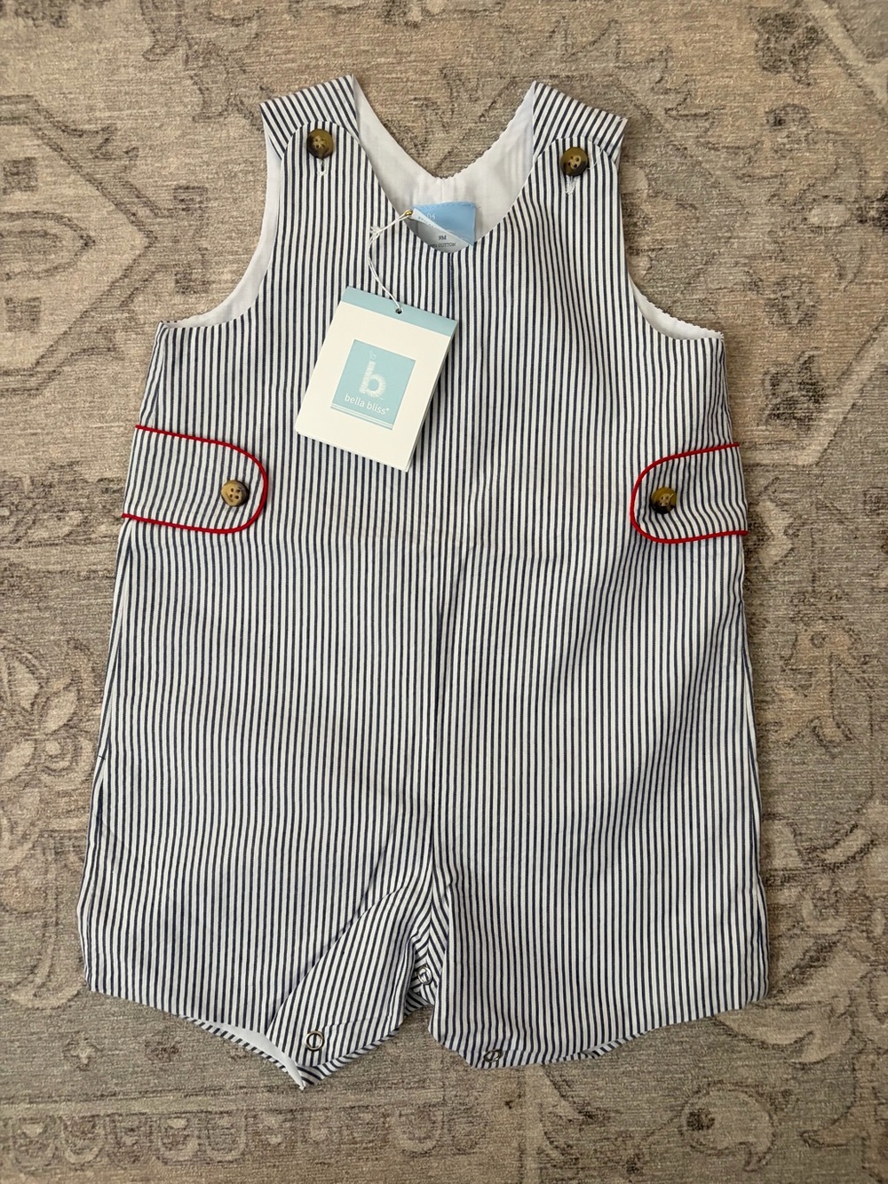 Bella Bliss NWT Navy pinStripe seersucker 9M Romper with Red Piping